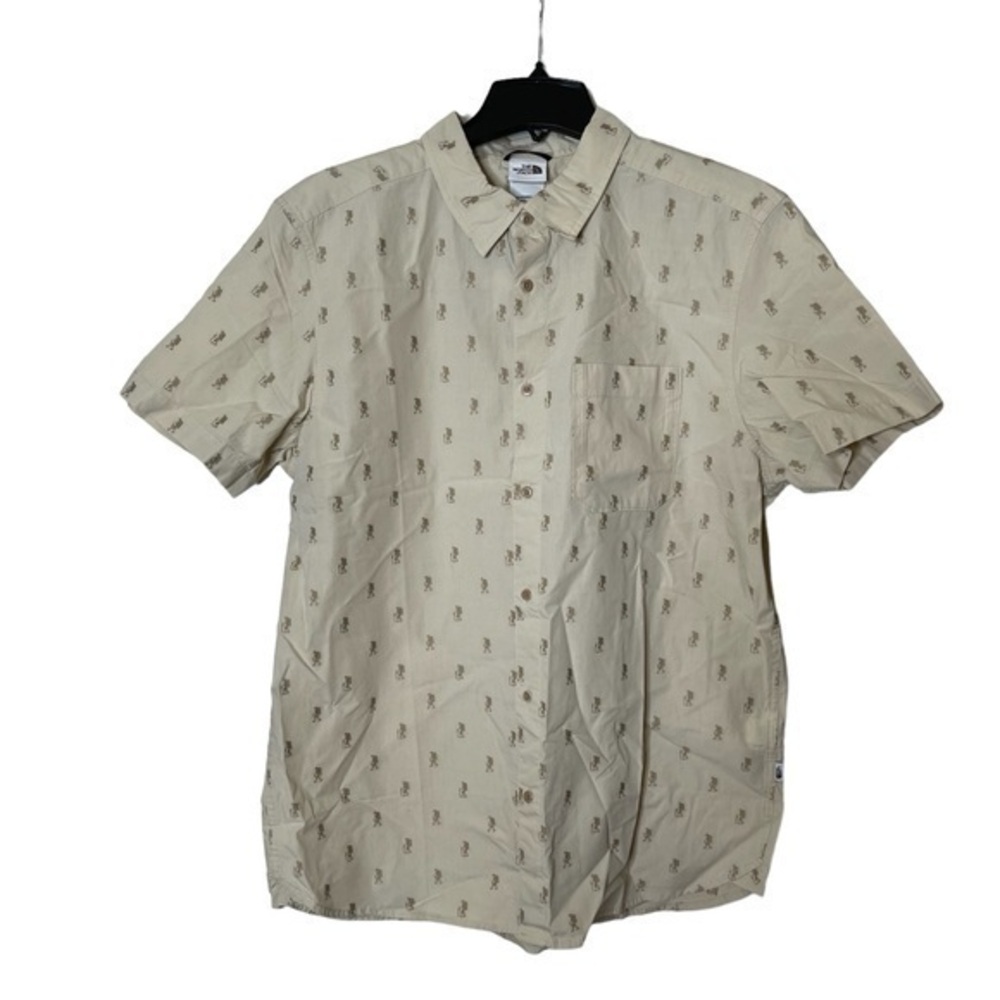 The North Face Beige Short Sleeve Button-Down Shirt with Hiker Print